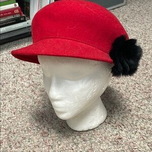 Vintage red felt with fur flower accent